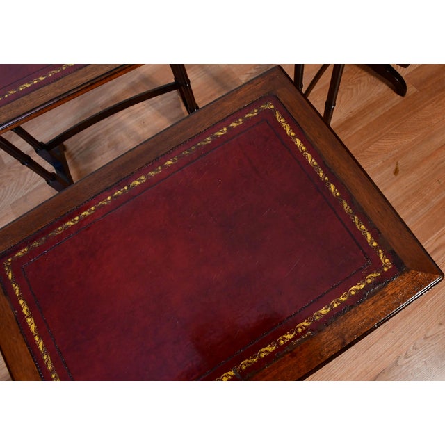 1930s Vintage English Regency Mahogany Wood Leather Top Nesting Tables Tiered Set For Sale - Image 13 of 13
