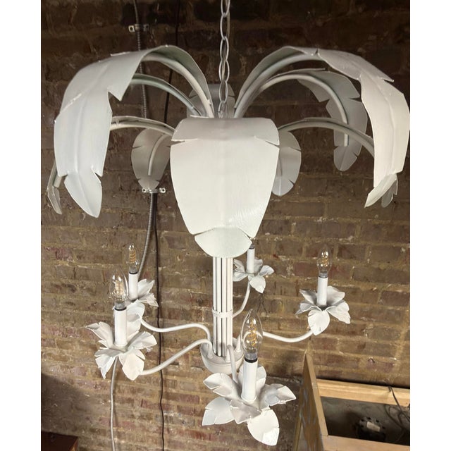 Mid-Century Modern Vintage Tole Metal Newly Painted White Palm Leaf Chandelier Curated by Turtle and Crane - Dorothy Draper Style For Sale - Image 3 of 8