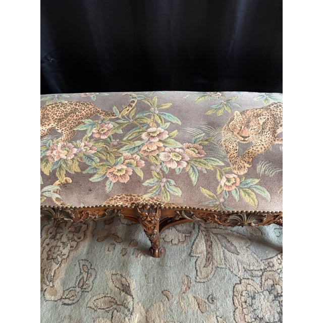 Late 20th Century Late 20th Century Louis XV Style Carved Wood Window Bench in Leopard & Floral Tapestry For Sale - Image 5 of 12