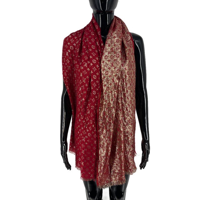 Louis Vuitton Red Reversible Silk Wool Scarf | Chairish