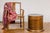 A vintage negora lacquer circular storage bin box from the mid-20th century, with vertical stripes and lid. This mid-20th...
