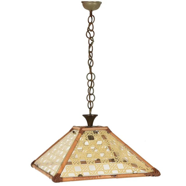 Light Yellow Glass, Rattan, Bamboo & Brass Pendant Light, Italy, 1970s For Sale - Image 8 of 8