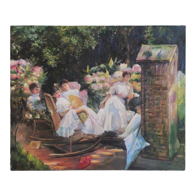 Mid-20th Century Signed F. Verne - Ladies in a Garden, Oil on Canvas For Sale