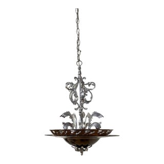 Chrome Tone Scroll Metal 3 Light Chandelier With Tortoise Shell Murano Style Asymmetrical Glass Shade For Sale