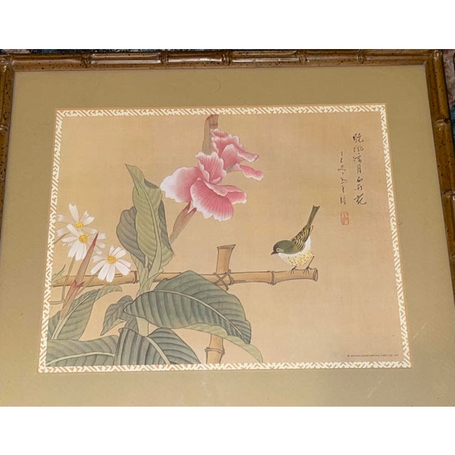 Gold Set of 3 Vintage Asian-Inspired Bird & Floral Prints, Bamboo-Style Frames, 1979. For Sale - Image 8 of 11