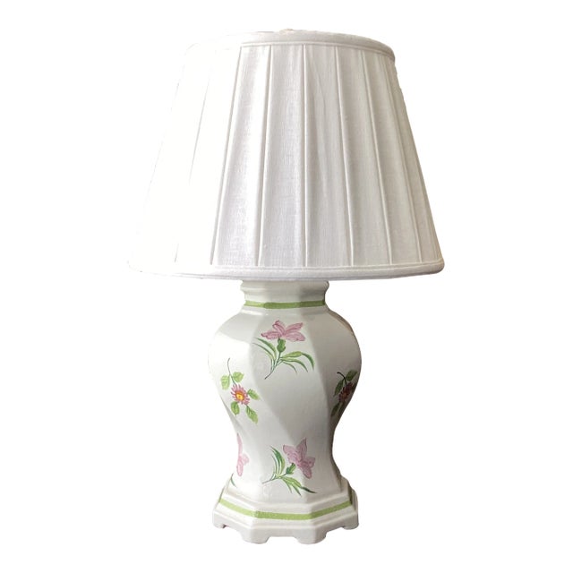 Late 20th Century Scully & Scully Style Pink and Green Floral Table Lamp With Pleated White Linen Empire Shade For Sale