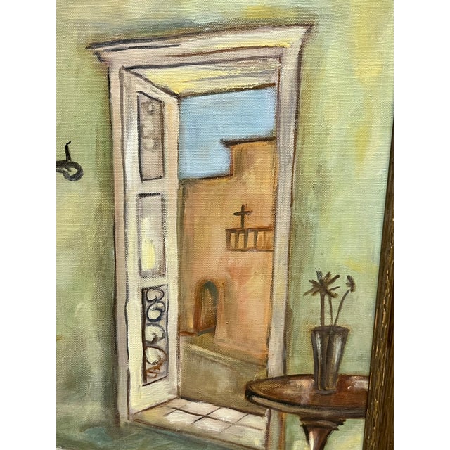 Wood Vintage Spanish Style Naïve Folk Art Interior Painting in Ornate Carved Wood Frame For Sale - Image 7 of 12
