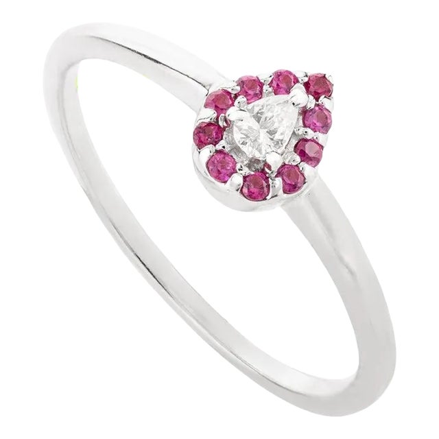Dainty Pear Diamond and Halo Ruby Ring Crafted in 14k Solid White Gold Size 7 For Sale