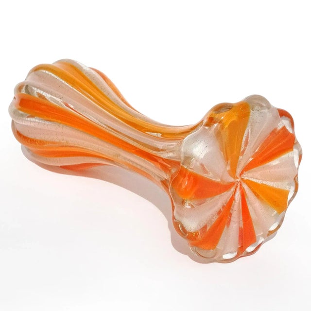 Mid 20th Century Vintage Murano Salviati Barbini 1950s Orange White Gold Flecks Italian Art Glass Flower Vase For Sale - Image 5 of 6