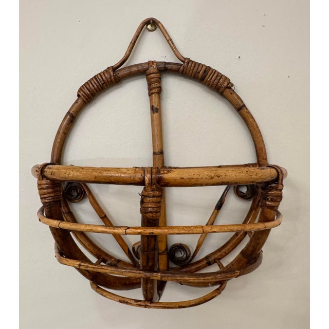 Contemporary Boho Chic Bamboo & Rattan Round Wall Pocket For Sale - Image 3 of 12