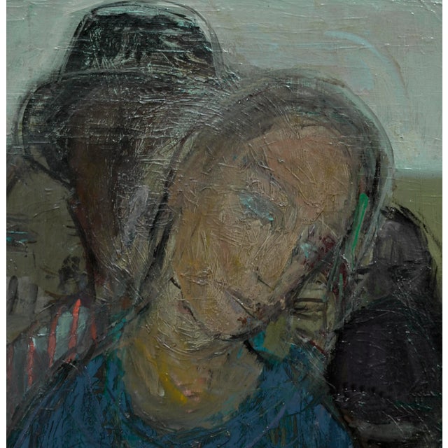 Evocative modern figurative painting of a mother and family in a calming but somber palette by Rodrigo Ramirez Pimentel...