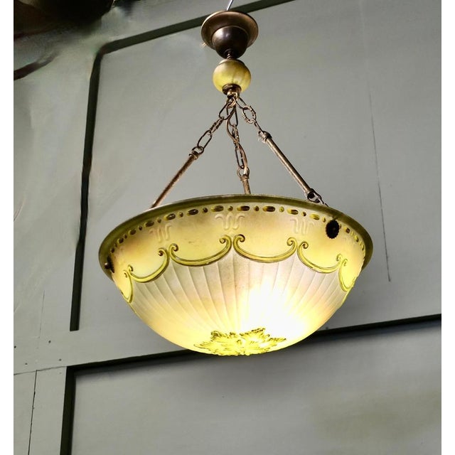 French Art Deco Decorated Glass Hanging Light with Brass Rose, 1930 For Sale - Image 3 of 9
