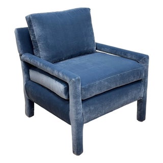 Vintage Newly Upholstered MCM Blue Velvet Parsons Chair For Sale