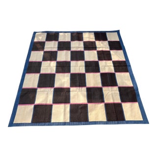 Handmade Reversible Cotton Vegetable Dyed Cream, Brown and Blue Checker Board Area Rug-8'x8' For Sale