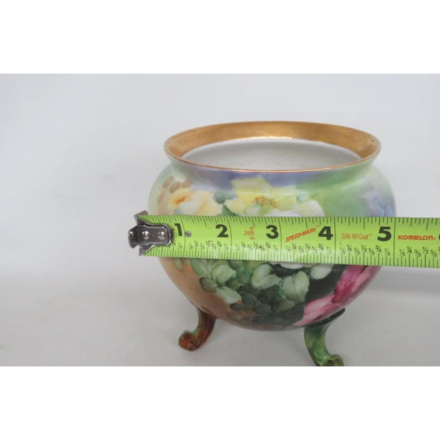 French Style Footed Porcelain Jardiniere Hand Painted Green With Flowers 4998b For Sale - Image 11 of 13