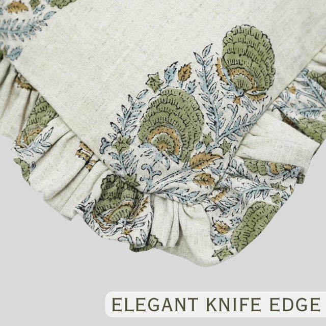 Handmade Floral Block Print Frill Pillow Cover Artisan Boho Decorative Throw Cushion 16x16 Inch- Mohini For Sale - Image 4 of 6