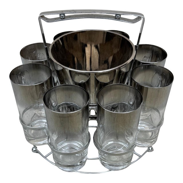 Vintage Dorothy Thorpe Style Barware, Highball Glasses And Ice Bucket In Caddy - 10 Pieces For Sale