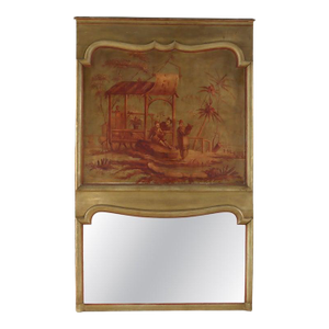74" French Trumeau Mirror With Oil on Canvas Chinese Genre Scene Painting 19thC