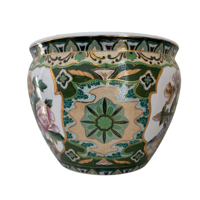 Vintage Chinese Green White Bird Motif Fish Bowl Porcelain Planter Garden Pot For Sale - Image 4 of 10