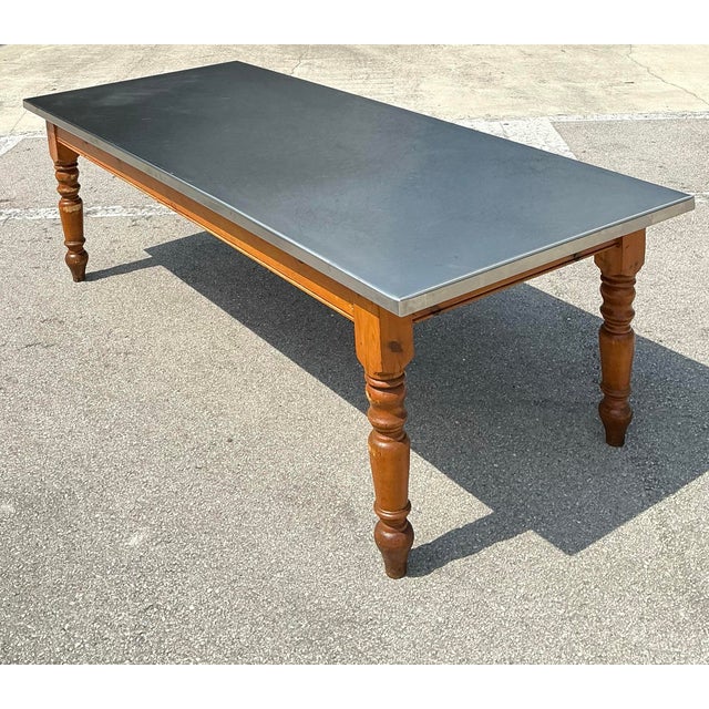 Vintage Plank Farm Table With Custom Stainless Steel Top For Sale - Image 11 of 12