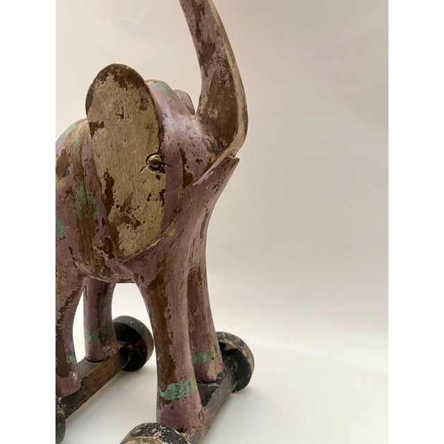 1950s 1950s Hand Carved Wooden Elephant on Wheels For Sale - Image 5 of 13