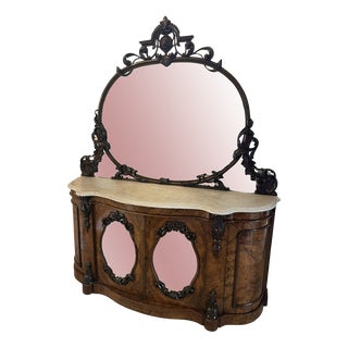 Antique Victorian Burr Walnut and Carved Mirror Credenza For Sale