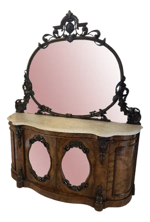 Antique Victorian Burr Walnut and Carved Mirror Credenza
