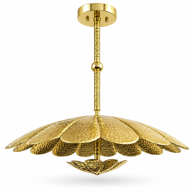 Handmade Brass Floral Ceiling Light, Vintage Lotus Flower Chandelier, Hammered Brass Pendant Light, Scalloped Ceiling Fixture For Sale - Image 4 of 13