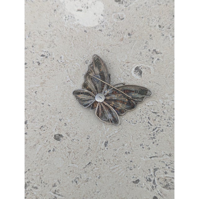 Art Deco Chinese Silver Filigree and Enamel Beautiful Butterfly Brooch Circa 1920 For Sale - Image 3 of 4