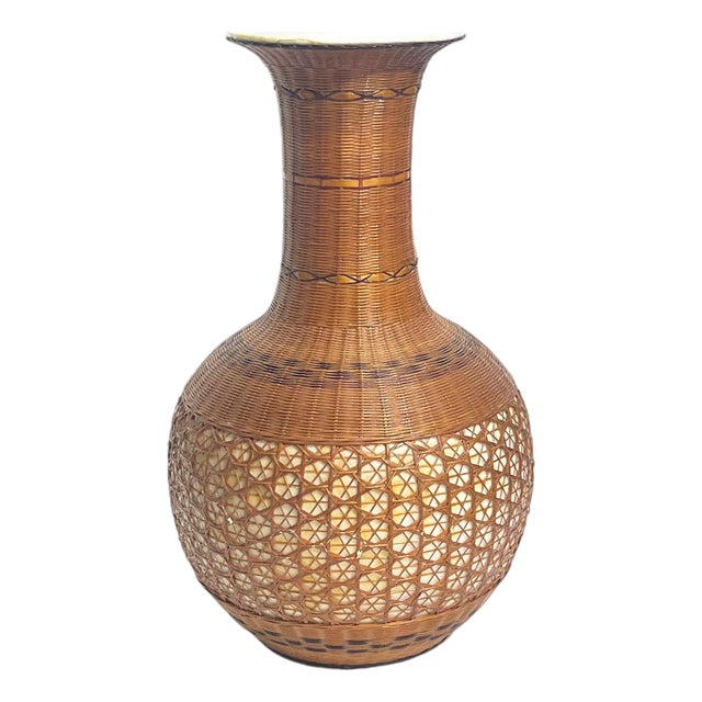 Vintage Chinese Porcelain and Woven Wicker Vase For Sale