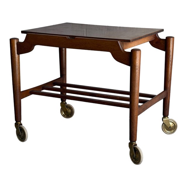 Vintage Danish Modern Teak Bar Cart Serving Trolley on Casters For Sale
