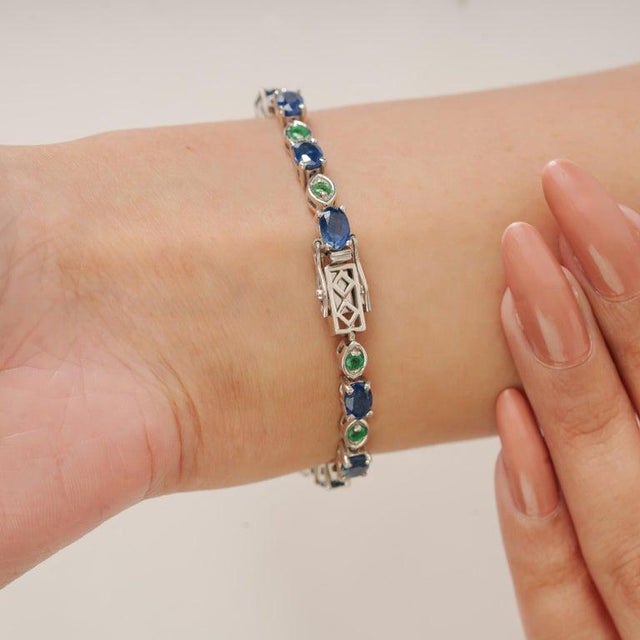 Natural Sapphire & Emerald Mix Alternative Set Gemstone Tennis Bracelet For Sale - Image 6 of 10