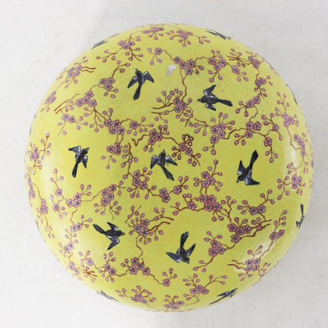 Chinese Vintage Chinese Yellow-Ground Famille Rose 'Prunus and Magpie' Porcelain Covered Box For Sale - Image 3 of 13