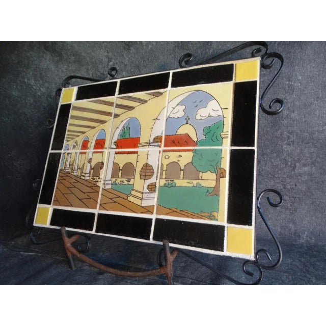 1930s 1930s Tudor Tile Scenic 6-Tile Plaque of San Juan Capistrano With Wrought Iron Surround For Sale - Image 5 of 6