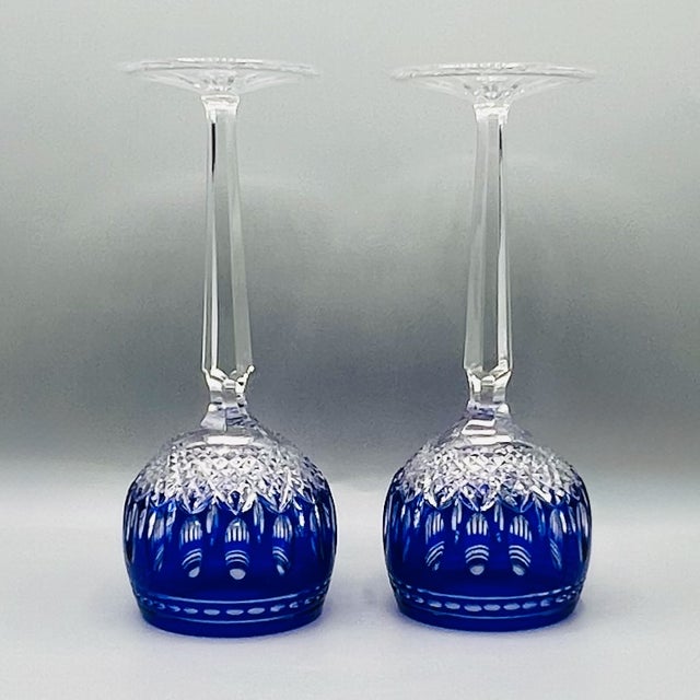 Blue Vintage Crystal Clarendon Hock Wine Glasses from Waterford, Blue Cut in Clear, 1980s, Set of 2 For Sale - Image 8 of 16