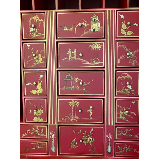Wood Hand-Painted Vintage Chinoiserie Village Scene Secretary Desk & Bookcase For Sale - Image 7 of 17