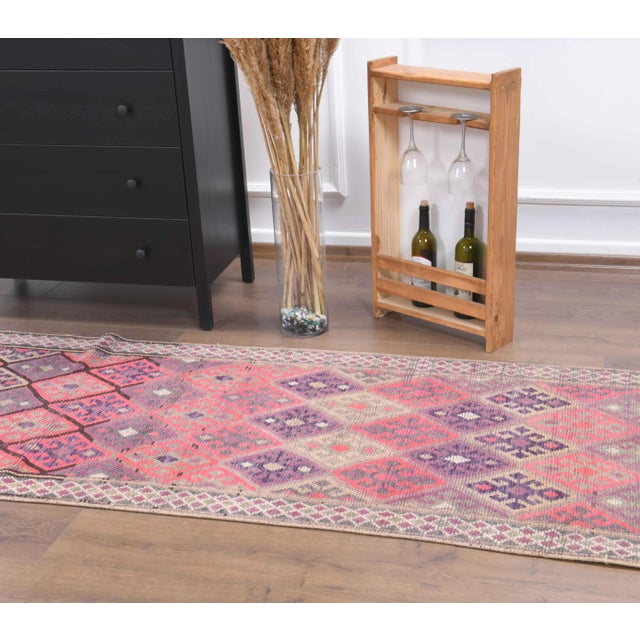 Pink 1970s Vintage Turkish Hand-Knotted Wool Cotton Pink Runner Rug For Sale - Image 8 of 10
