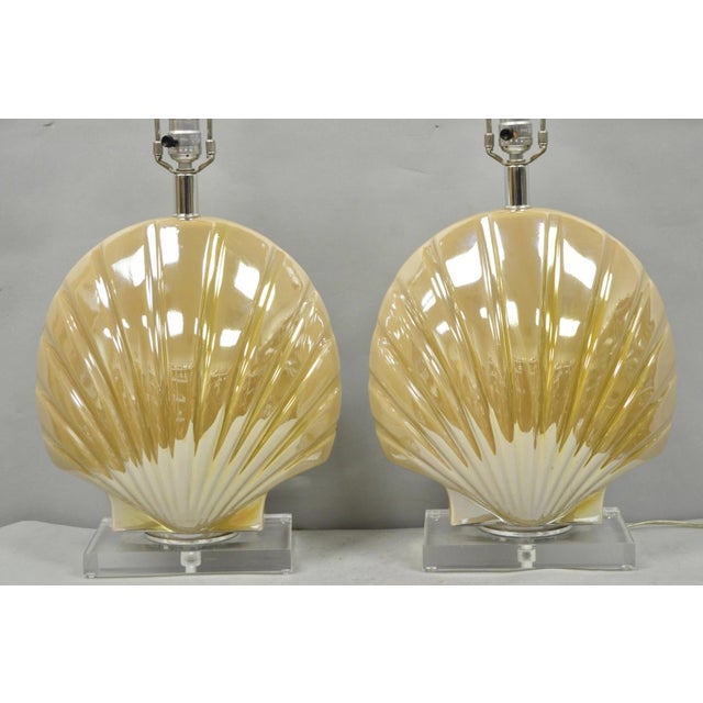 Mid-Century Modern Late 20th Century Mid Century Modern Iridescent Gold Ceramic Pottery Clam Shell Table Lamp - Pair For Sale - Image 3 of 15