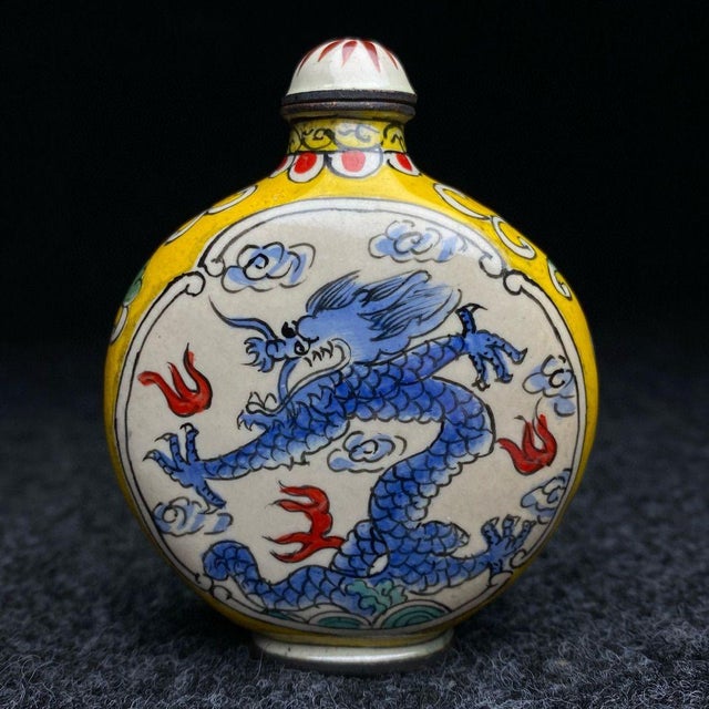 Vintage Chinese Cloisonné Enamel Snuff Bottle With Blue Dragon Motif For Sale - Image 4 of 9