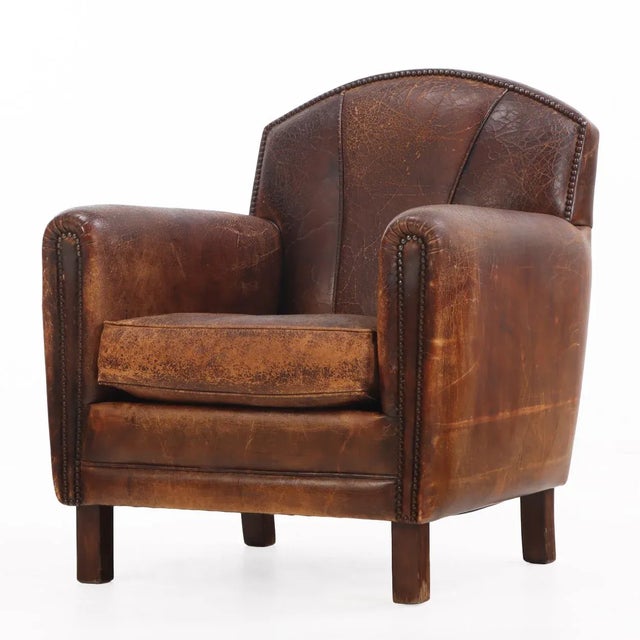A Pair of Dutch Art Deco Style Leather Club Chairs, C 1950. For Sale - Image 4 of 6