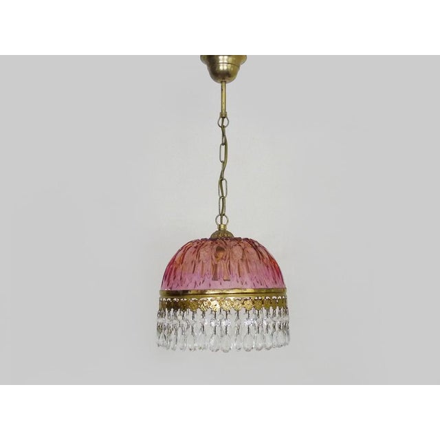 Vintage Pink Pendant Light with Tassels and Patterned Glass Globe, 1970s For Sale - Image 9 of 9