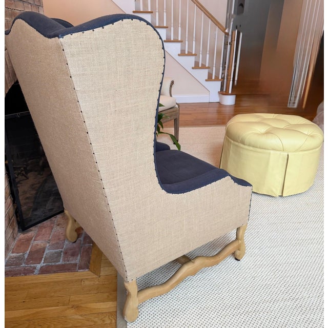 Custom Two-Toned Wingback Chair by Restoration Hardware in Navy Blue, Nail-Head Trim For Sale - Image 15 of 18