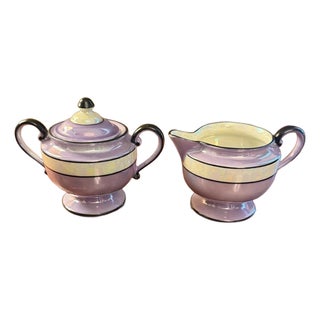 1930s Art Deco Fraunfelter China Lusterware Cream & Sugar Set - Purple & Black For Sale