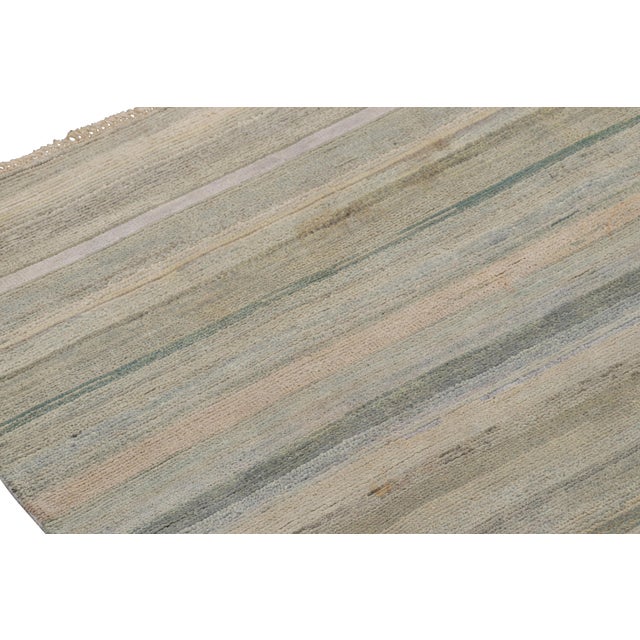 Rug & Kilim’s Modern Textural Rug in Greige and Blue Stripes and Striae For Sale In New York - Image 6 of 8