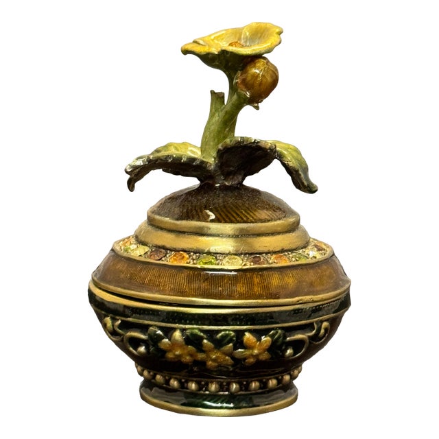Vintage Mid Century Enameled Brass Pedestal Trinket Dish Floral Pattern Jeweled For Sale
