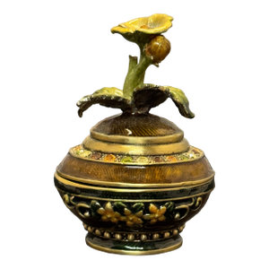Vintage Mid Century Enameled Brass Pedestal Trinket Dish Floral Pattern Jeweled