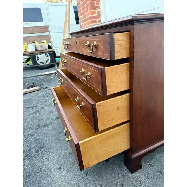 Wood Vintage Georgian Chippendale Style Inlaid Flame Mahogany Chest of Drawers by Md. Colony For Sale - Image 7 of 17