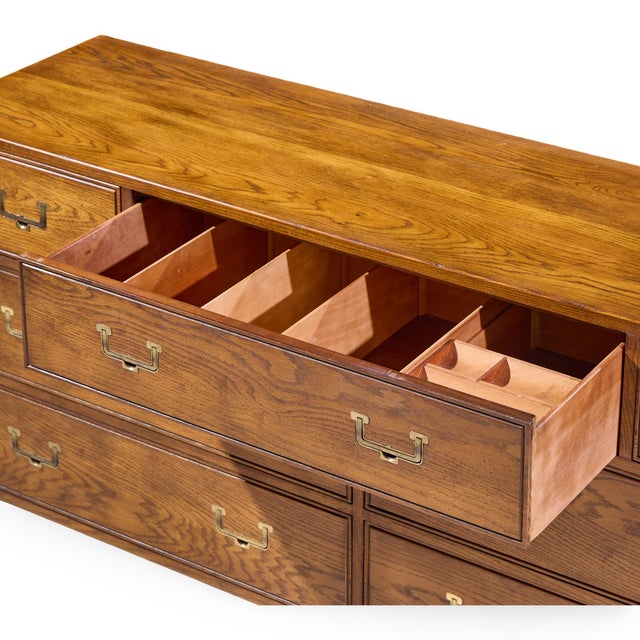 Henredon Campaign Mid Century Oak and Brass Lowboy Dresser For Sale In Chicago - Image 6 of 11