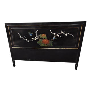 Chinese Hand Painted Black Lacquered Queen Size Headboard For Sale