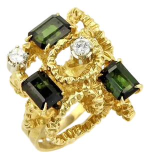 Diamond Green Tourmaline 18k Yellow Gold Fancy Textured Ring - Size 7
